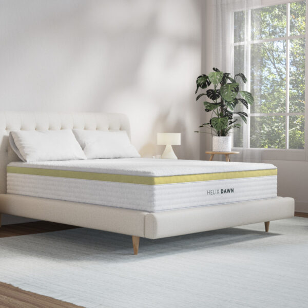 Modern bedroom with Helix Dawn mattress on bed.