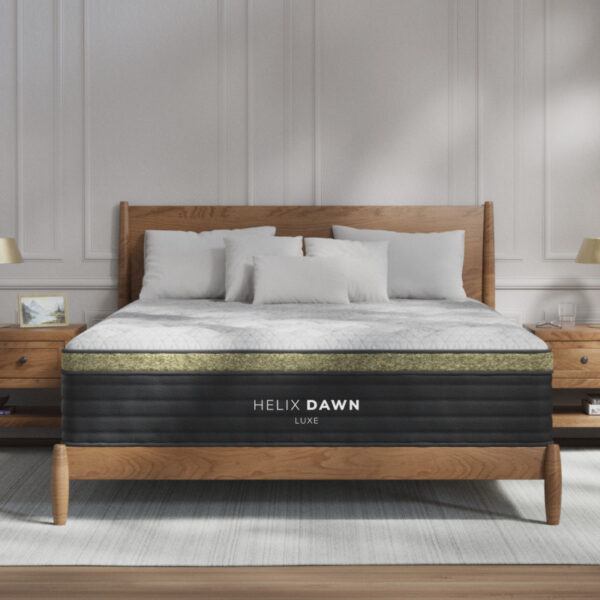 Helix Dawn Luxe mattress on wooden bed frame