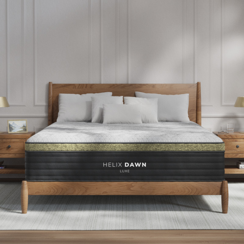 Helix Dawn Luxe mattress on wooden bed frame