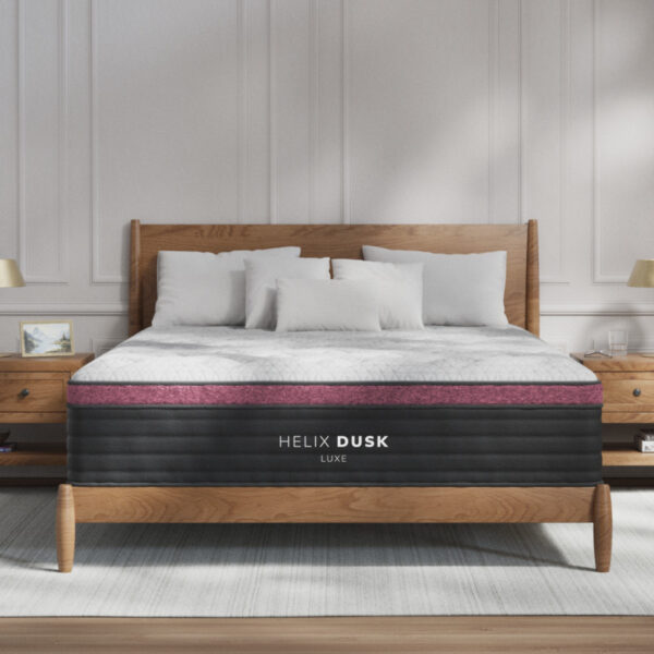 Helix Dusk Luxe mattress on wooden bed frame