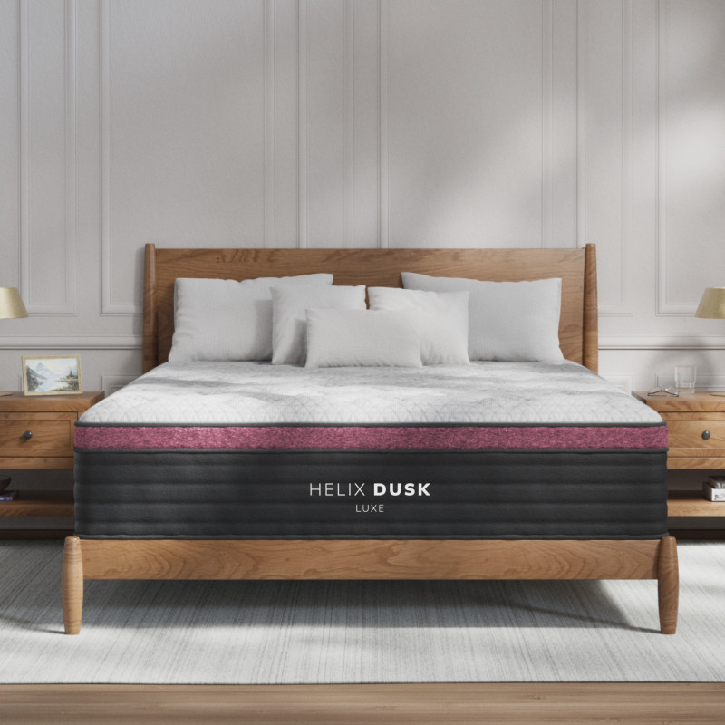 Helix Dusk Luxe mattress on wooden bed frame