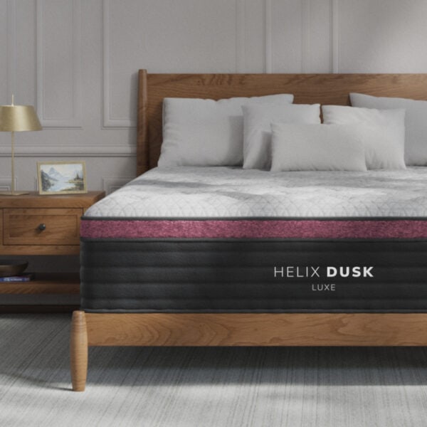 Helix Dusk Luxe mattress next to nightstand.