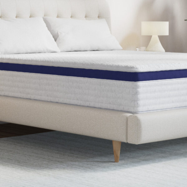 Modern upholstered bed with white mattress and pillows.