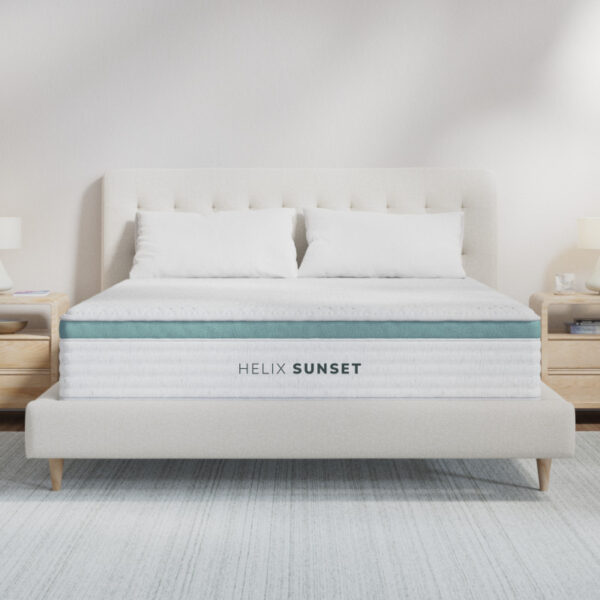 Helix Sunset mattress on modern upholstered bed