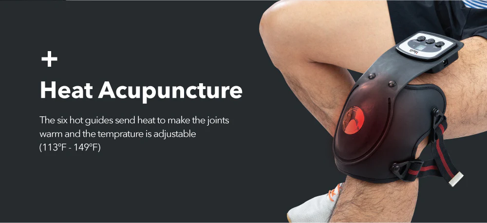 Adjustable knee heat acupuncture device for pain relief.