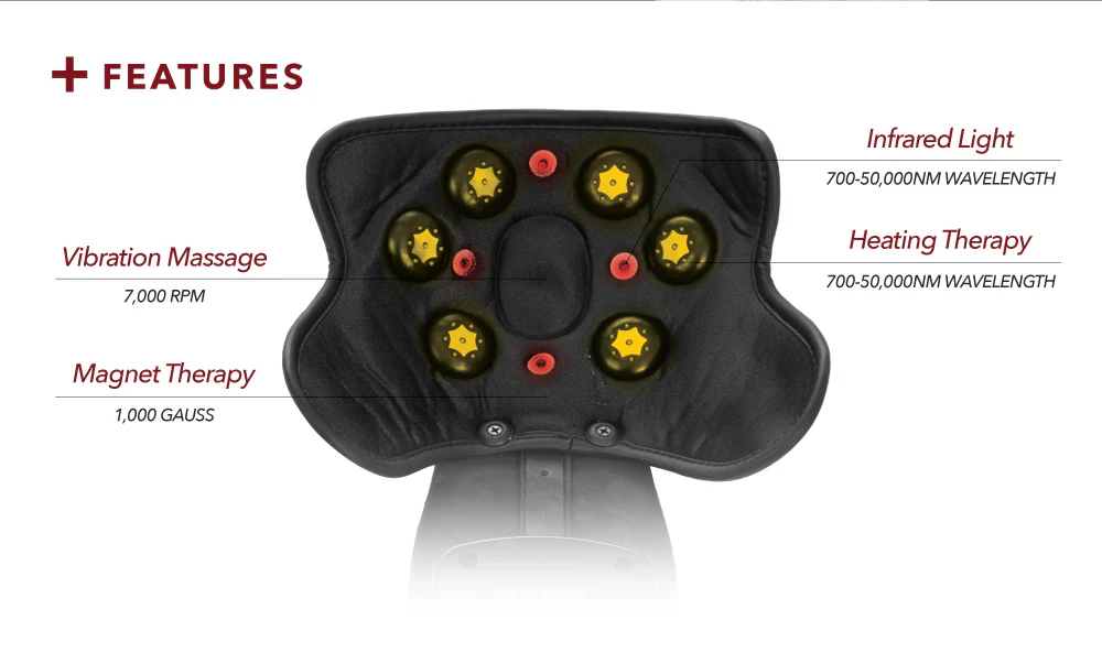 Massage chair features: vibration, infrared, magnet, and heat therapy.