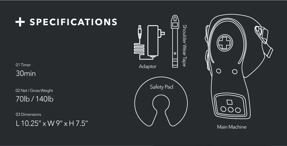 Specifications diagram for weight and dimensions.